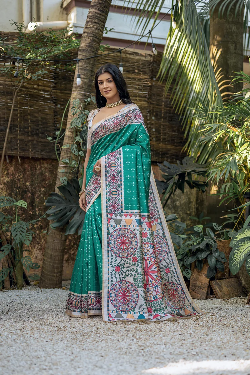 YOGITA MADHUBANI 2 – Soft Tussar Silk with beautiful Madhubani print on pallu & border, classic Bandhani print all over body + contrast blouse piece