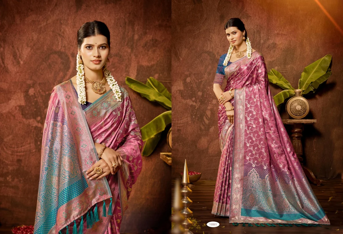 Satin Silk Saree with beautiful Zari weaving border & designer pallu + matching Satin Silk blouse with weaving | Occasion: Party, Festival