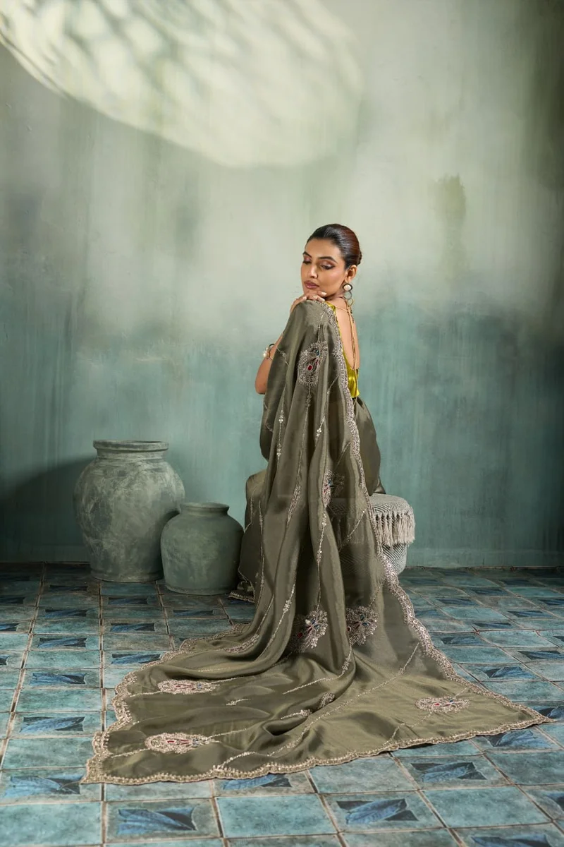 Giraffe Saree with rich texture, fluid drape, intricate Butta embroidery, handwork & stonework + Royal Makhmal Satin blouse in contrasting shades | Occasion: Pa