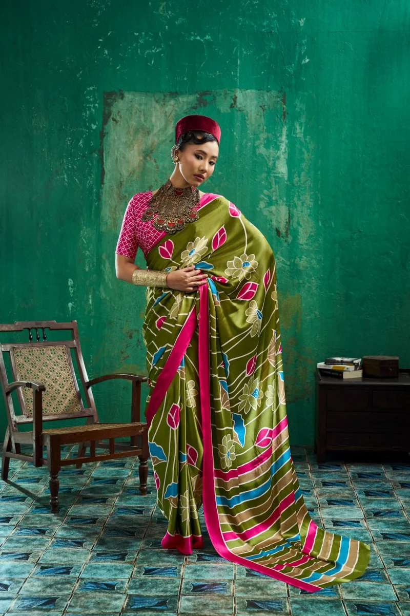 Modal Satin Ajrakh Print Saree + matching Moda blouse by www.Laavsee.com
