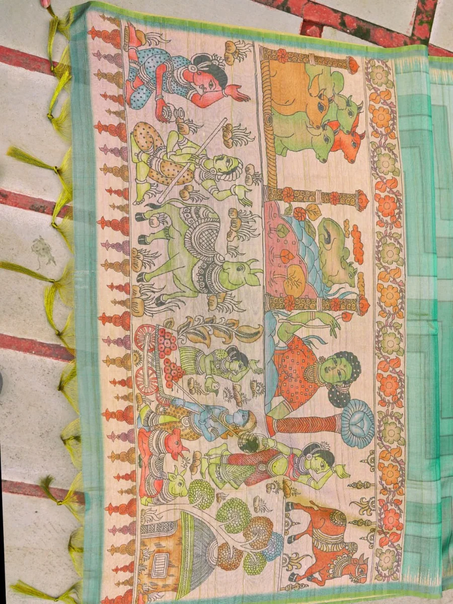TISSUE TUSSAR 6 – Premium soft Tissue Tussar silk saree with traditional Kalamkari print pallu, classic temple border, all-over colourful strips + contrast blou