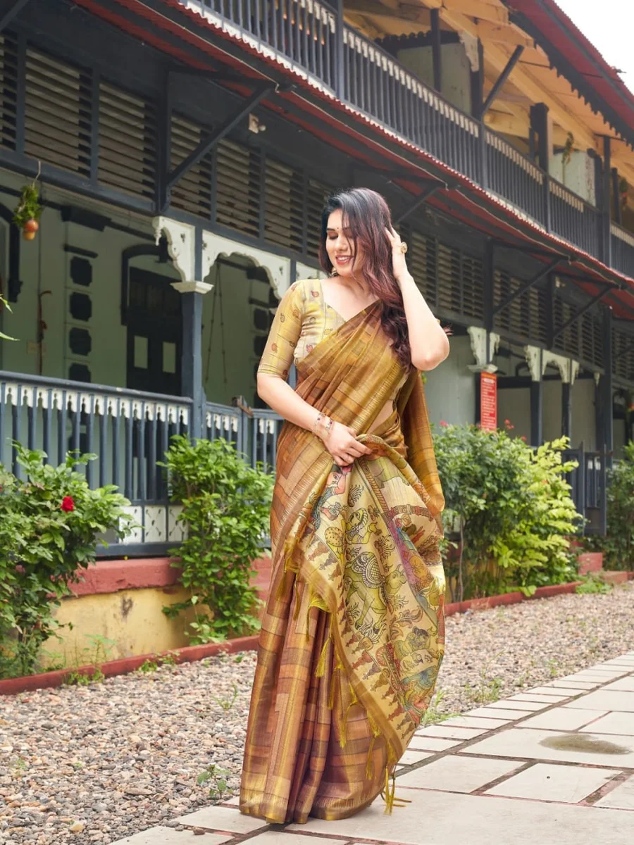 TISSUE TUSSAR 6 – Premium soft Tissue Tussar silk saree with traditional Kalamkari print pallu, classic temple border, all-over colourful strips + contrast blou