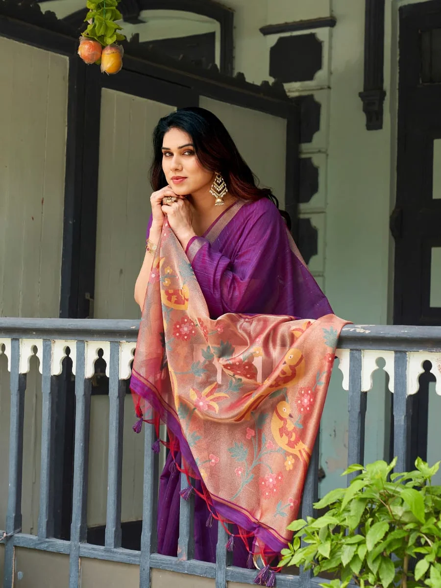Linen Silk 708 – Premium Soft Pure Linen Silk Saree with rich Zari & Meena weaving tissue pallu, tiny Zari border, all-over sequence Zari lining + running blous