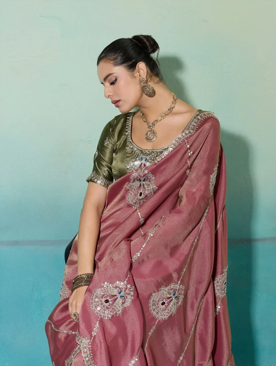 Giraffe Saree with rich texture, fluid drape, intricate Butta embroidery, handwork & stonework + Royal Makhmal Satin blouse in contrasting shades | Occasion: Pa