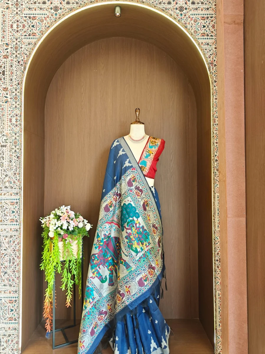 LV202CN151026-6 — HANDLOOM 430 - Raw silk saree with Kalamkari elephant and Kathakali pallu, temple weaving border, all-over butti, contrast blouse, and fancy t