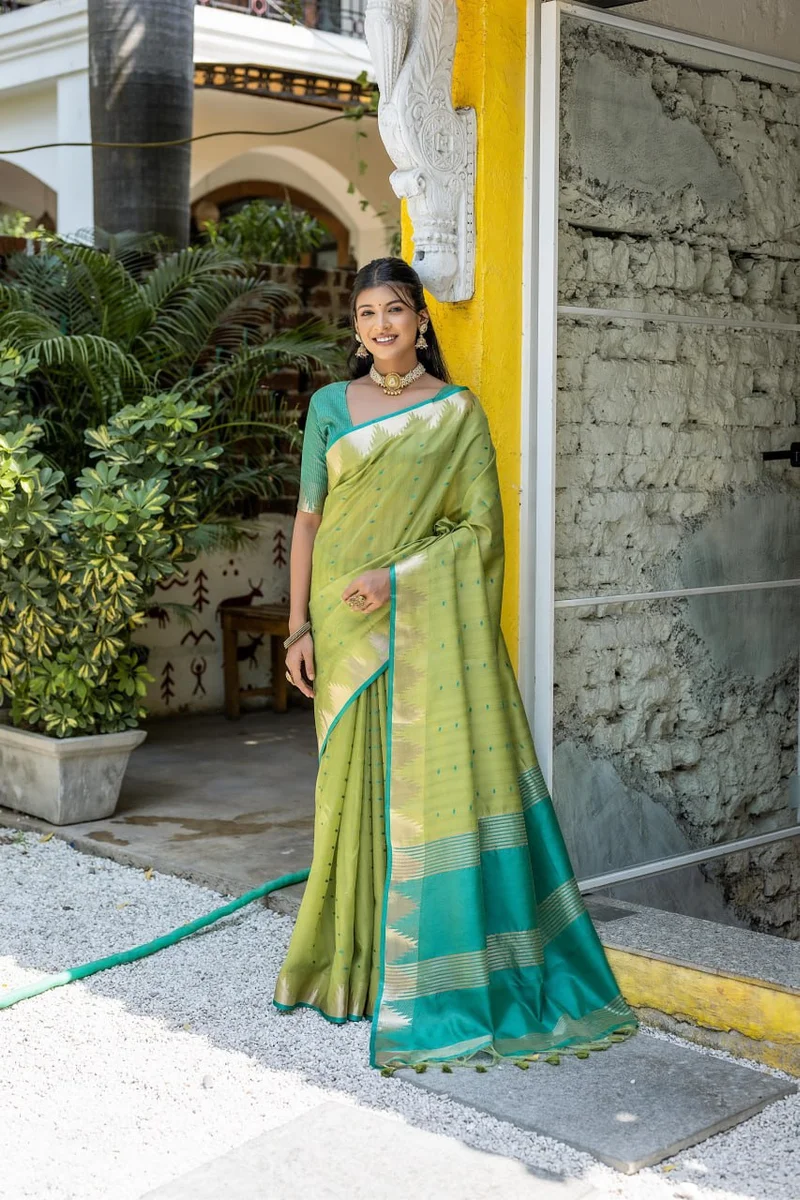 WhatsApp 📞 +917698385113 www.Laavsee.com __ LV202CN151026-1 ✨ Elisha Pyramid – Semi Tussar Silk Saree with all-over Bandhani Butti weaves, traditional temple b