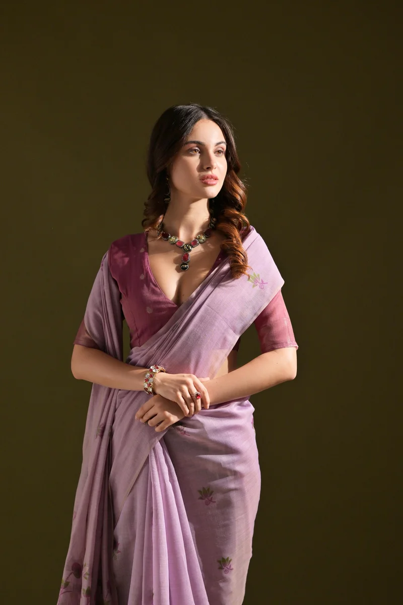 MUGA COTTON 217 – Premium soft Muga cotton saree with all-over floral weaving pattern (Pichwai-style), classic colourful Resham weaving pallu, fancy tassels + c