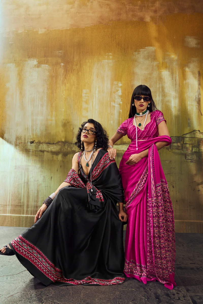 Modal Satin Ajrakh Print Saree + matching Modal Satin Ajrakh Print blouse by www.Laavsee.com