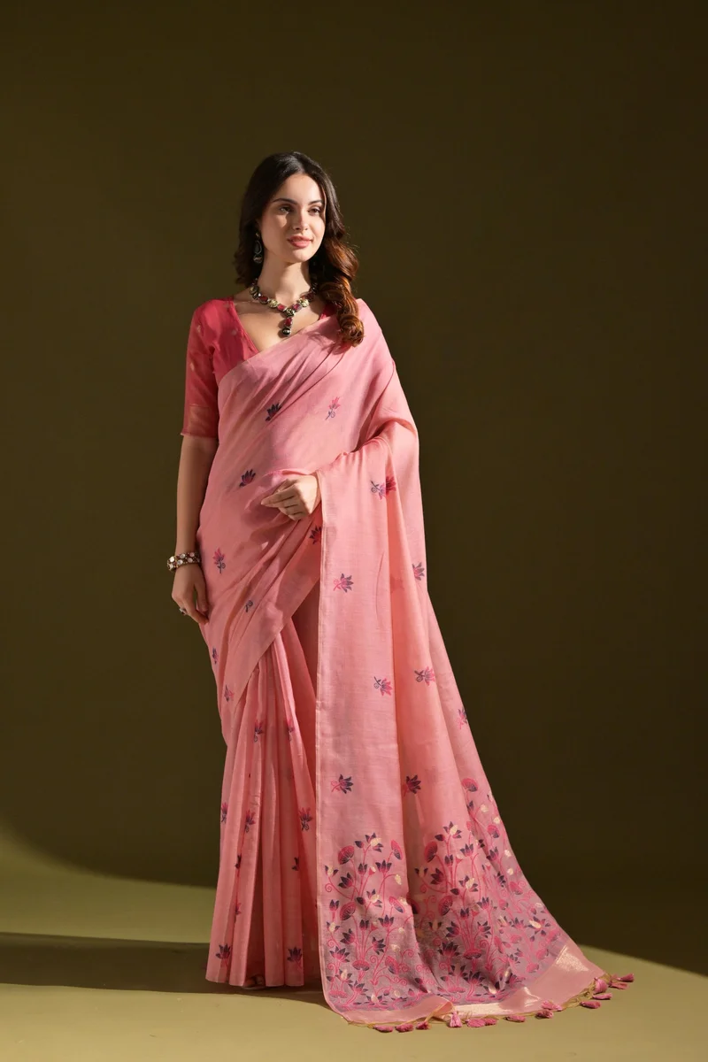 MUGA COTTON 217 – Premium soft Muga cotton saree with all-over floral weaving pattern (Pichwai-style), classic colourful Resham weaving pallu, fancy tassels + c
