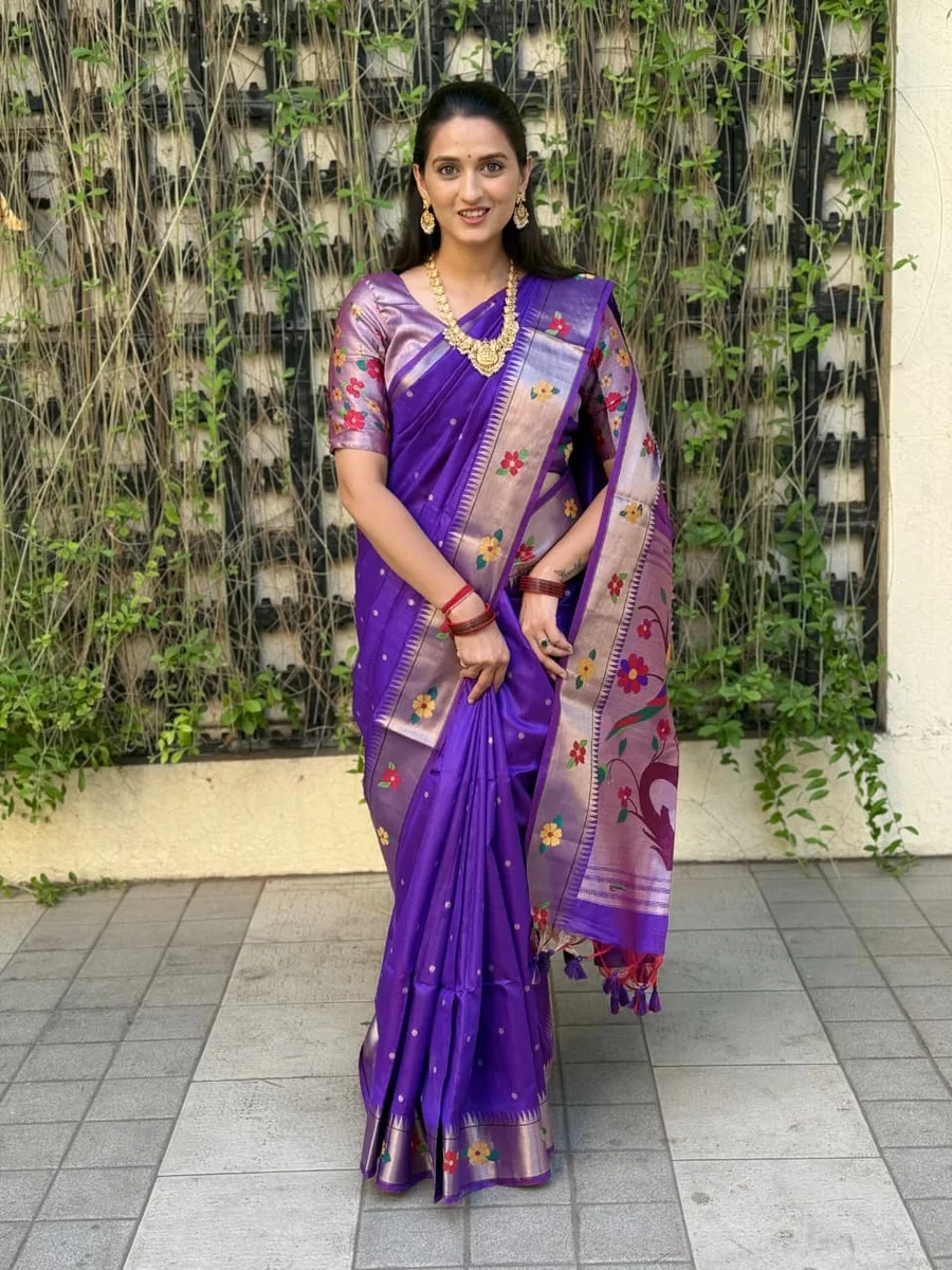 Phoolmala Paithani – Soft Khadi Raw Silk Saree with colorful rich Meena weaving Paithani pallu, traditional floral border, all-over small butties + full Zari wo