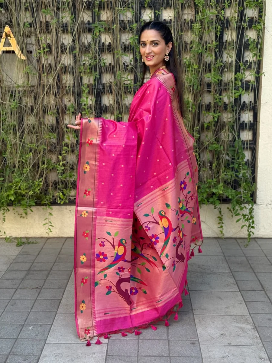 Phoolmala Paithani – Soft Khadi Raw Silk Saree with colorful rich Meena weaving Paithani pallu, traditional floral border, all-over small butties + full Zari wo