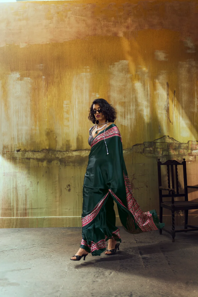 Modal Satin Ajrakh Print Saree + matching Modal Satin Ajrakh Print blouse by www.Laavsee.com