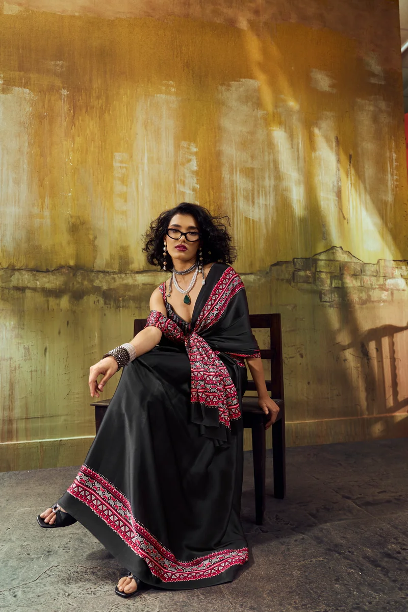 Modal Satin Ajrakh Print Saree + matching Modal Satin Ajrakh Print blouse by www.Laavsee.com