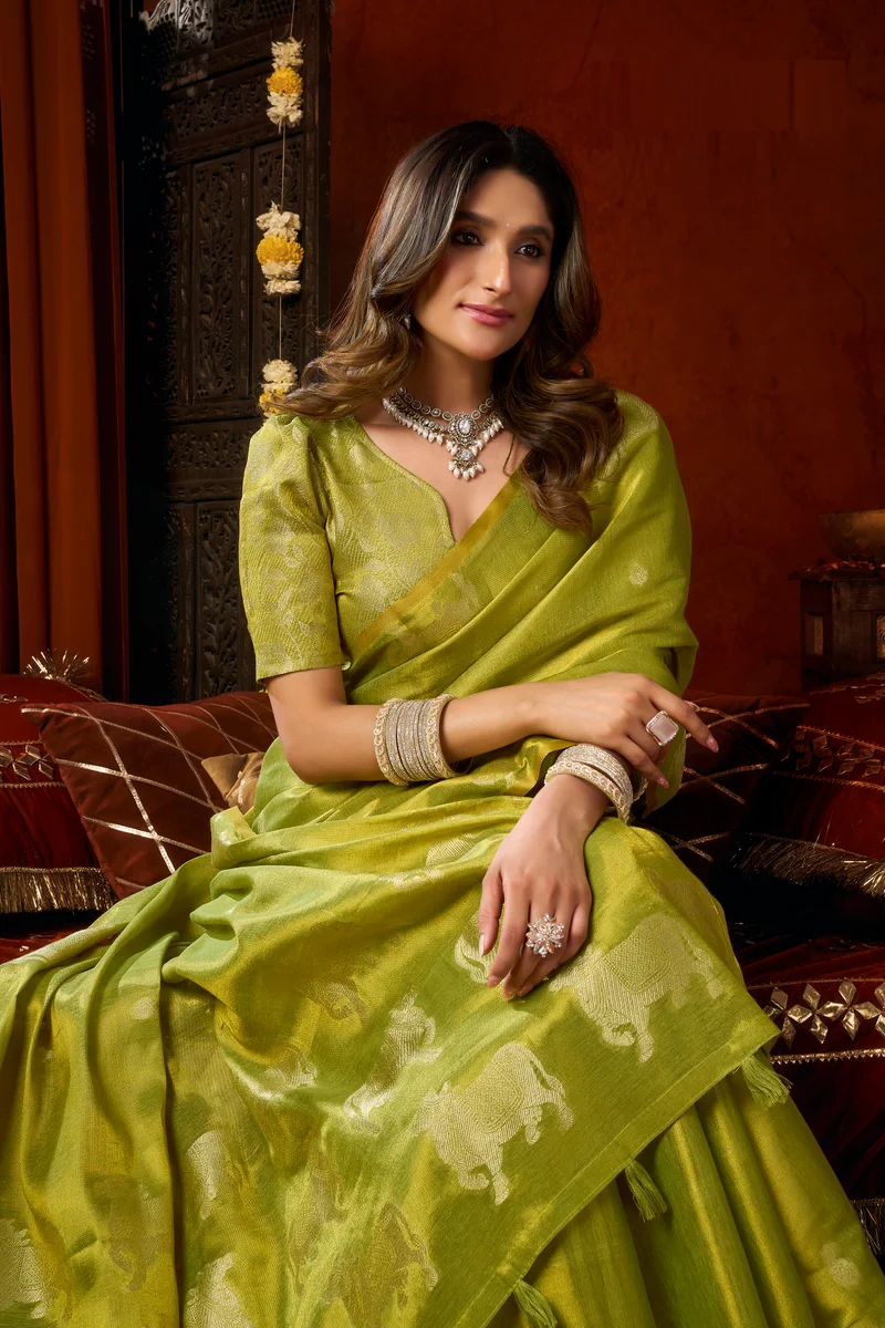 Supriya (Series 3601–3606) – Heavy Tissue Silk Saree with all-over Cow Butta & fancy tassels + matching blouse piece
