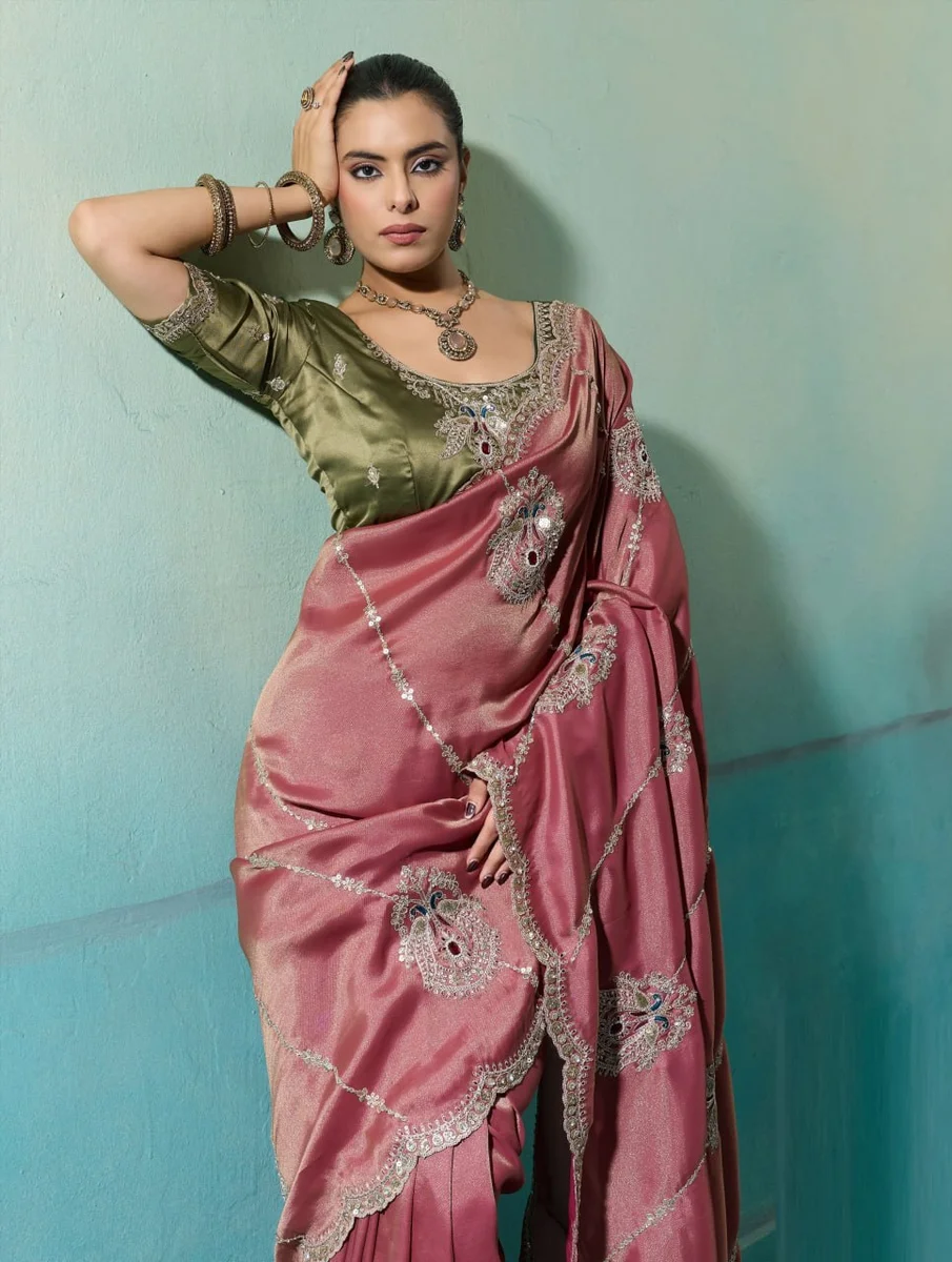 Giraffe Saree with rich texture, fluid drape, intricate Butta embroidery, handwork & stonework + Royal Makhmal Satin blouse in contrasting shades | Occasion: Pa