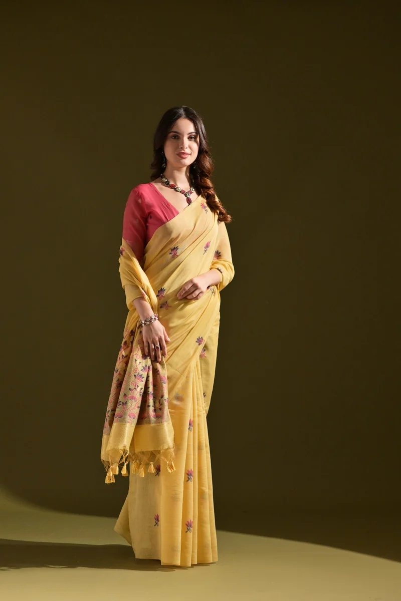 MUGA COTTON 217 – Premium soft Muga cotton saree with all-over floral weaving pattern (Pichwai-style), classic colourful Resham weaving pallu, fancy tassels + c
