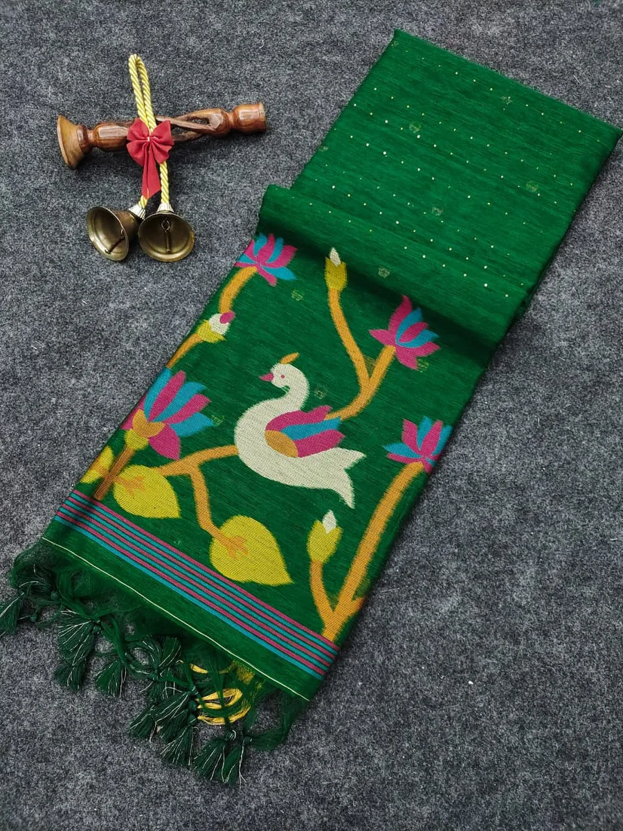 LINEN SILK 606 – Premium soft linen silk saree with Meena weaving, rich Jamdani pallu by www.Laavsee.com
