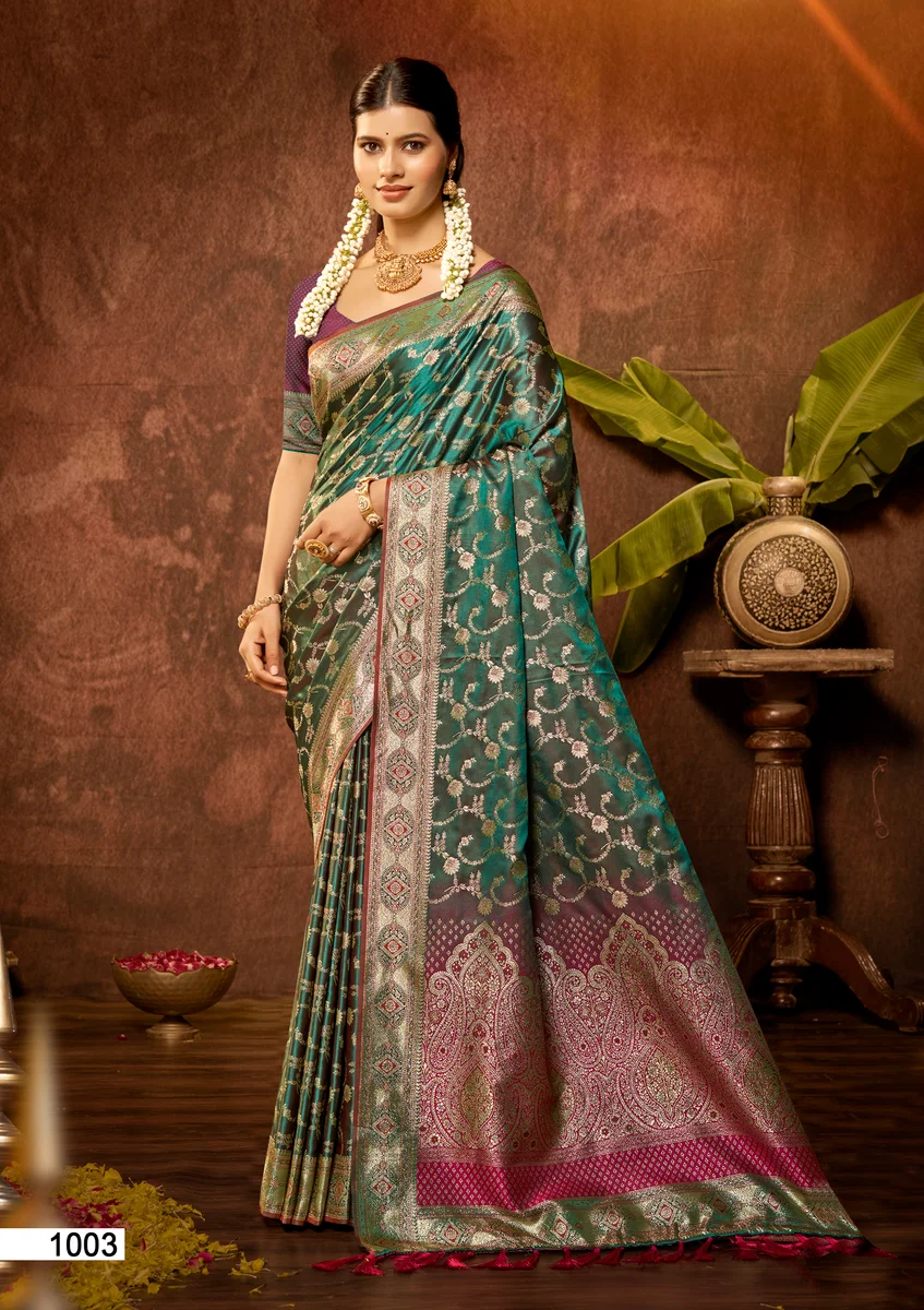 Satin Silk Saree with beautiful Zari weaving border & designer pallu + matching Satin Silk blouse with weaving | Occasion: Party, Festival