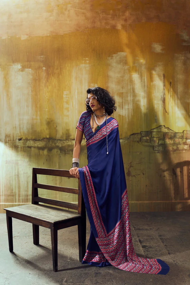 Modal Satin Ajrakh Print Saree + matching Modal Satin Ajrakh Print blouse by www.Laavsee.com