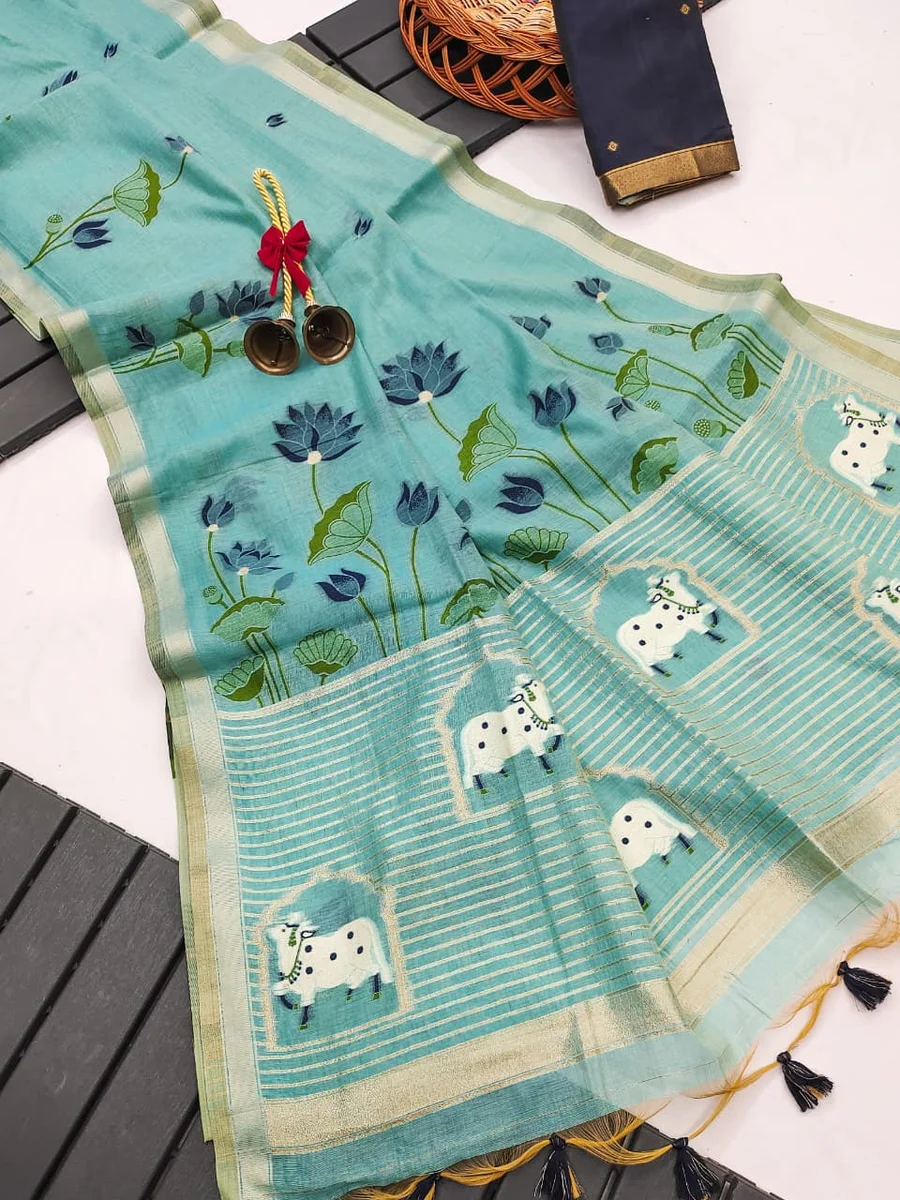 Premium soft Muga cotton saree with classic rich Zari & Cow Weaving Pichwai pallu, tiny Zari border, all-over lotus weaving, fancy tassels + contrast blouse pie