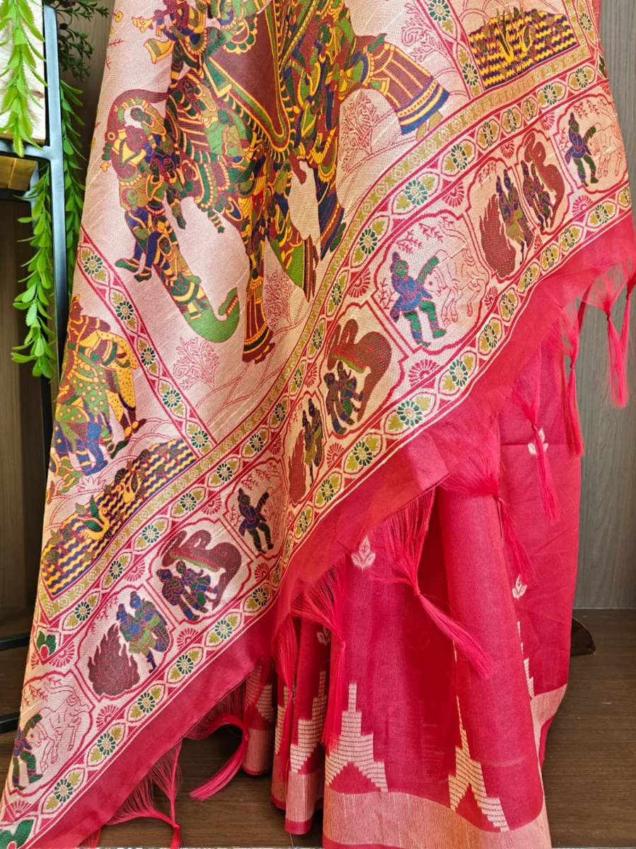 LV202CN151026-6 — HANDLOOM 430 - Raw silk saree with Kalamkari elephant and Kathakali pallu, temple weaving border, all-over butti, contrast blouse, and fancy t