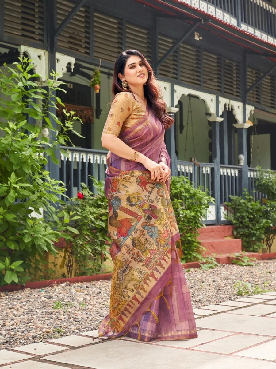 TISSUE TUSSAR 6 – Premium soft Tissue Tussar silk saree with traditional Kalamkari print pallu, classic temple border, all-over colourful strips + contrast blou