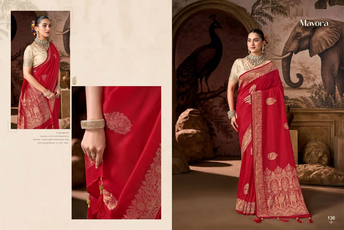 Viscose Fabric Saree with heavy traditional Zari weaving + matching Viscose blouse | Occasion: Party, Festival by www.Laavsee.com