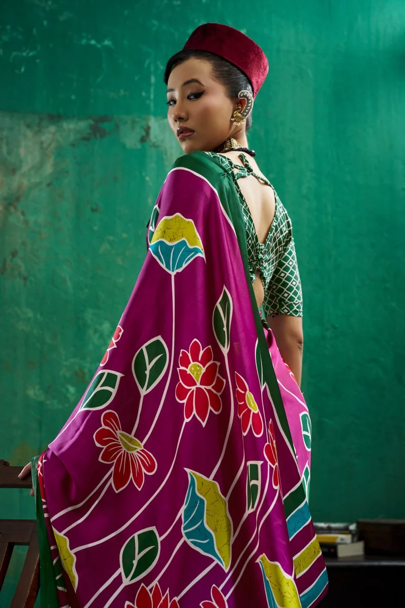 Modal Satin Ajrakh Print Saree + matching Moda blouse by www.Laavsee.com