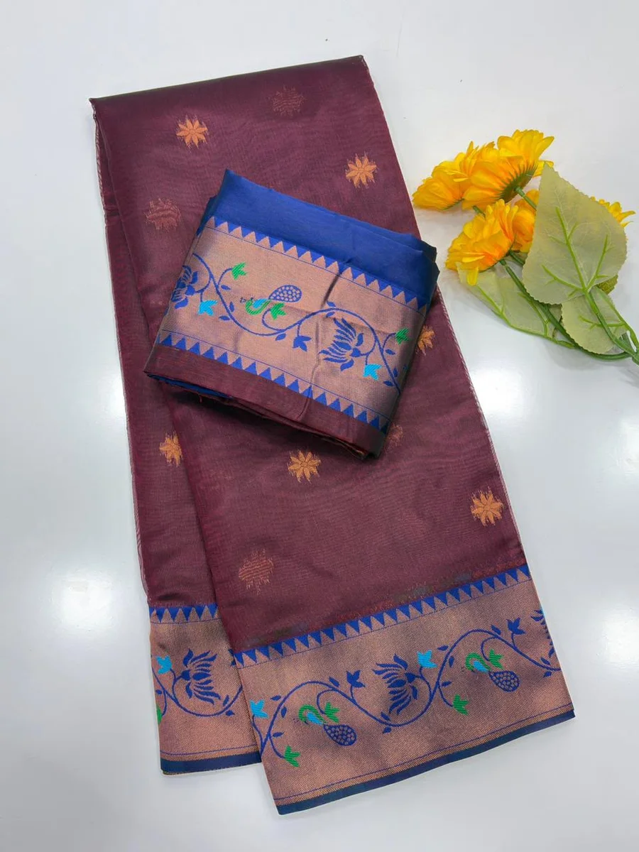 Paithani 652 – Premium Soft Tissue Silk Paithani Saree with rich Zari woven Paithani pallu, contrast Zari & Meena classic lotus woven border, all-over tiny butt