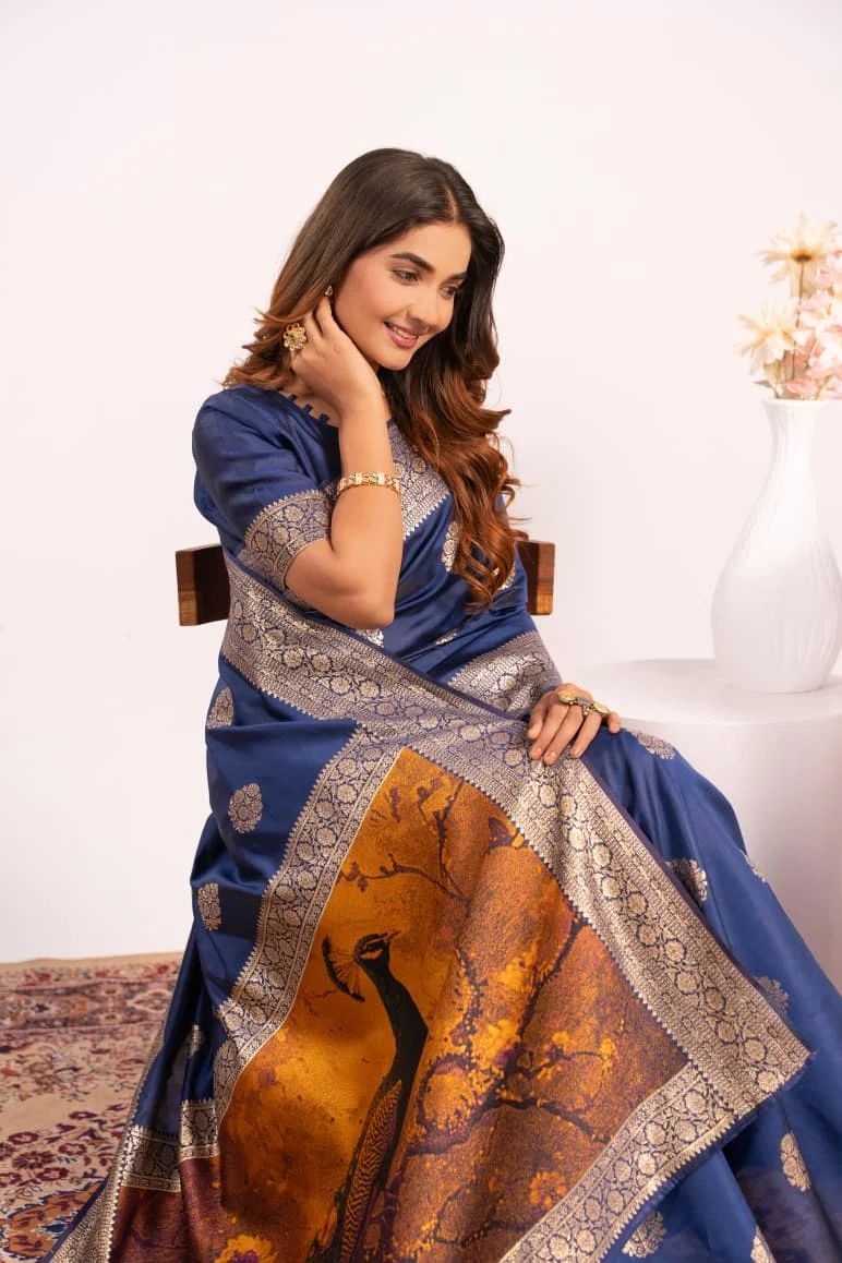 PORTRAIT 641 – Premium soft Banarasi silk saree with exclusive fully Resham weave peacock pallu, fine Zari border + running blouse piece