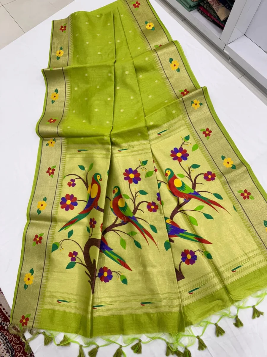 Phoolmala Paithani – Soft Khadi Raw Silk Saree with colorful rich Meena weaving Paithani pallu, traditional floral border, all-over small butties + full Zari wo