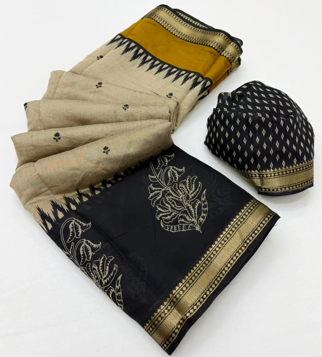 Soft Mul Cotton Saree with unique print, beautiful pallu & Zari border + matching blouse piece