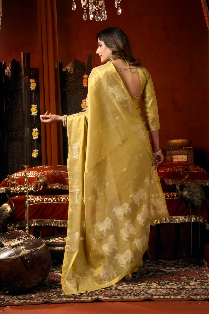 Supriya (Series 3601–3606) – Heavy Tissue Silk Saree with all-over Cow Butta & fancy tassels + matching blouse piece