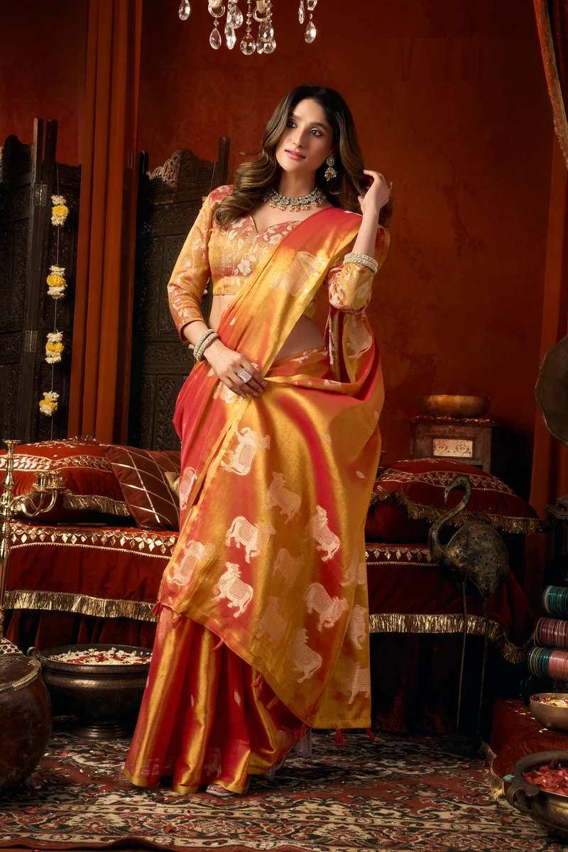 Supriya (Series 3601–3606) – Heavy Tissue Silk Saree with all-over Cow Butta & fancy tassels + matching blouse piece