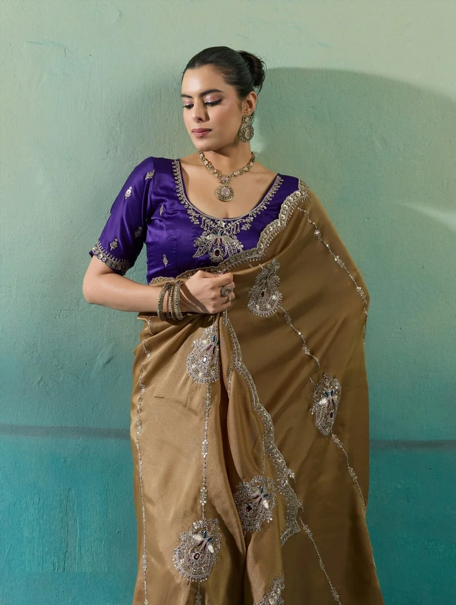 Giraffe Saree with rich texture, fluid drape, intricate Butta embroidery, handwork & stonework + Royal Makhmal Satin blouse in contrasting shades | Occasion: Pa