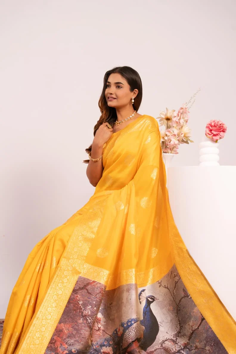PORTRAIT 641 – Premium soft Banarasi silk saree with exclusive fully Resham weave peacock pallu, fine Zari border + running blouse piece