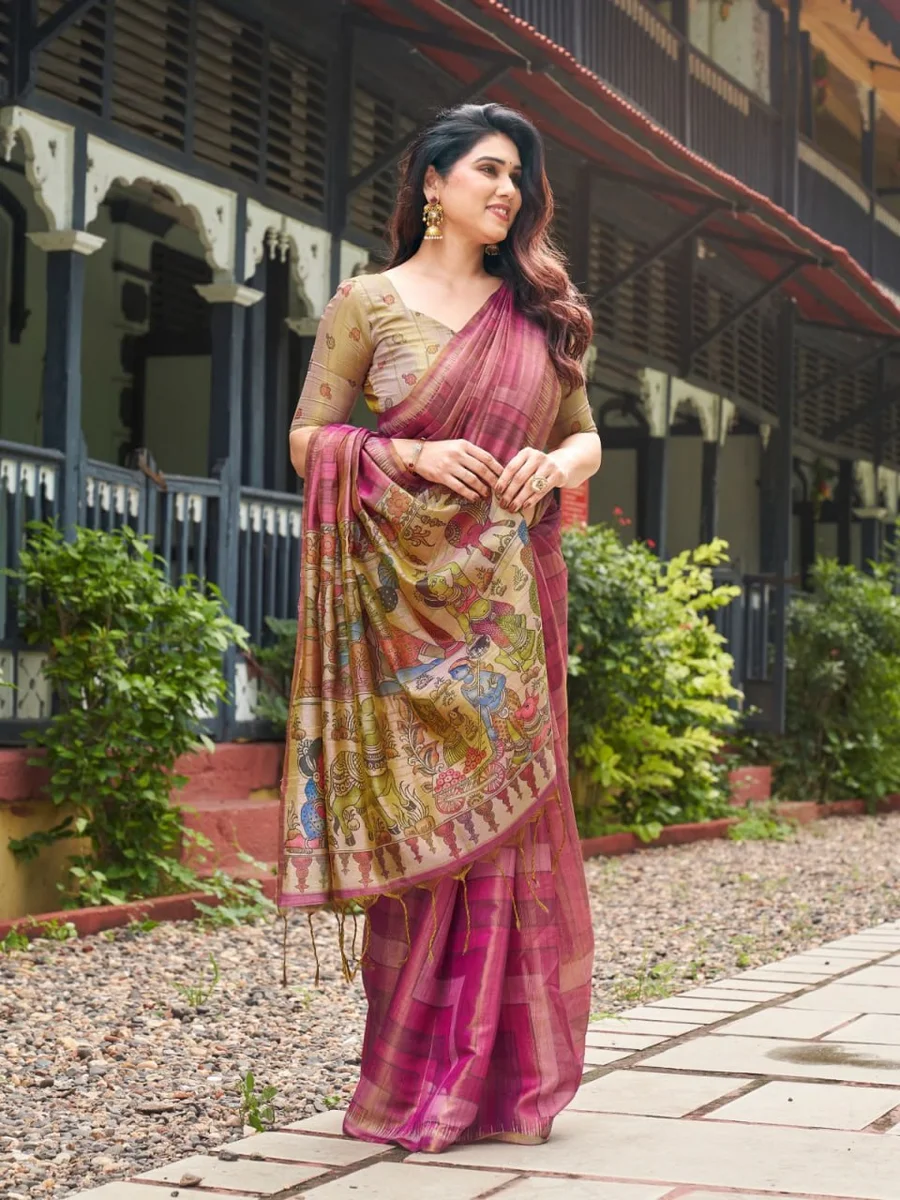 TISSUE TUSSAR 6 – Premium soft Tissue Tussar silk saree with traditional Kalamkari print pallu, classic temple border, all-over colourful strips + contrast blou