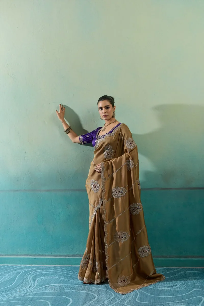 Giraffe Saree with rich texture, fluid drape, intricate Butta embroidery, handwork & stonework + Royal Makhmal Satin blouse in contrasting shades | Occasion: Pa