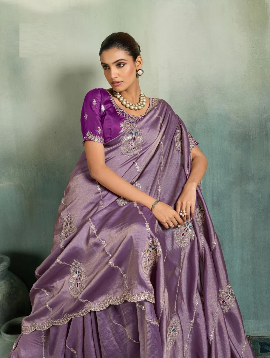 Giraffe Saree with rich texture, fluid drape, intricate Butta embroidery, handwork & stonework + Royal Makhmal Satin blouse in contrasting shades | Occasion: Pa