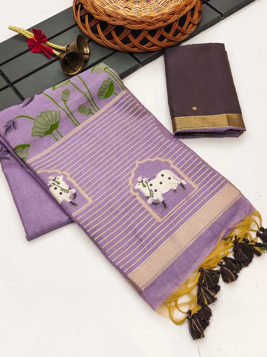 Premium soft Muga cotton saree with classic rich Zari & Cow Weaving Pichwai pallu, tiny Zari border, all-over lotus weaving, fancy tassels + contrast blouse pie