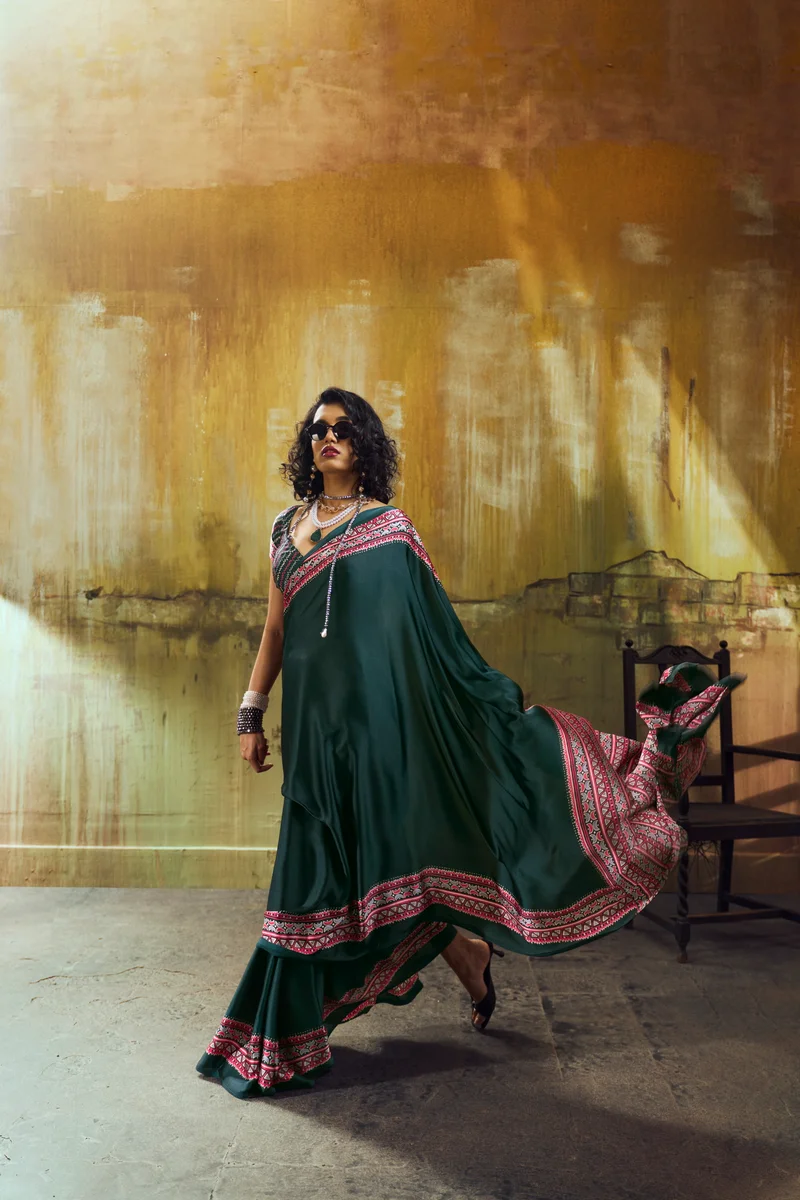 Modal Satin Ajrakh Print Saree + matching Modal Satin Ajrakh Print blouse by www.Laavsee.com