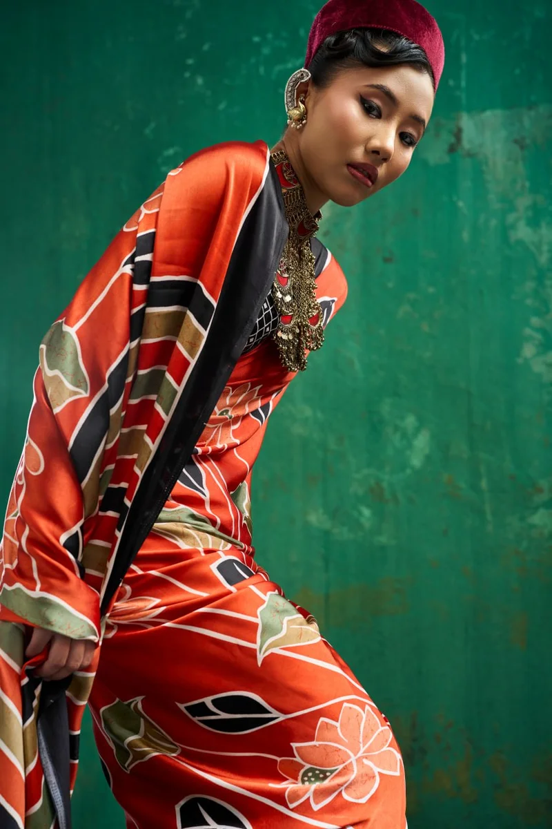 Modal Satin Ajrakh Print Saree + matching Moda blouse by www.Laavsee.com