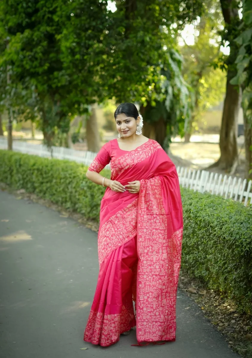 Handloom Raw Silk Saree with rich weaving pallu, unique Gala Border pattern + running blouse piece by www.Laavsee.com