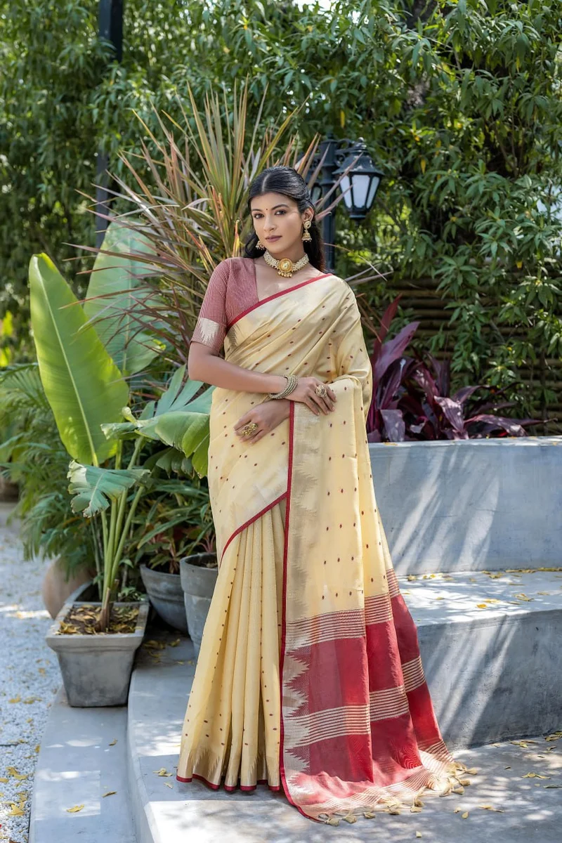 WhatsApp 📞 +917698385113 www.Laavsee.com __ LV202CN151026-1 ✨ Elisha Pyramid – Semi Tussar Silk Saree with all-over Bandhani Butti weaves, traditional temple b