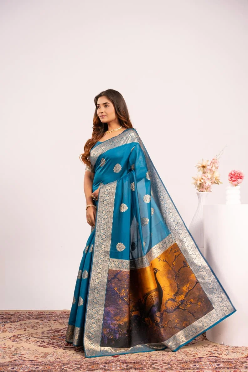PORTRAIT 641 – Premium soft Banarasi silk saree with exclusive fully Resham weave peacock pallu, fine Zari border + running blouse piece