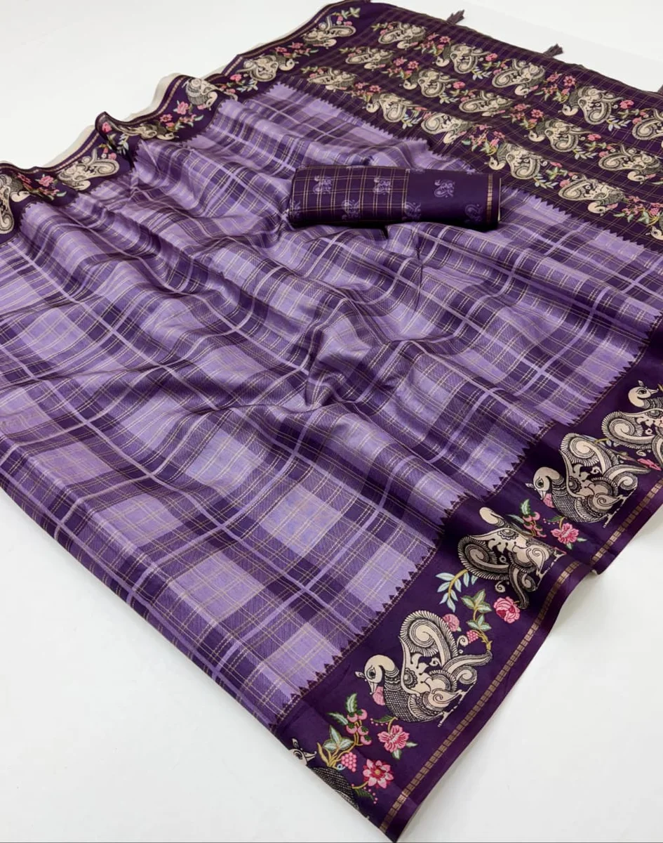 Charvi Tusser – Soft Tussar with Bentex border, Kalamkari pallu & border, small Zari checks, tassels + matching blouse piece