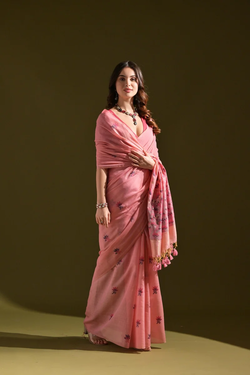 MUGA COTTON 217 – Premium soft Muga cotton saree with all-over floral weaving pattern (Pichwai-style), classic colourful Resham weaving pallu, fancy tassels + c
