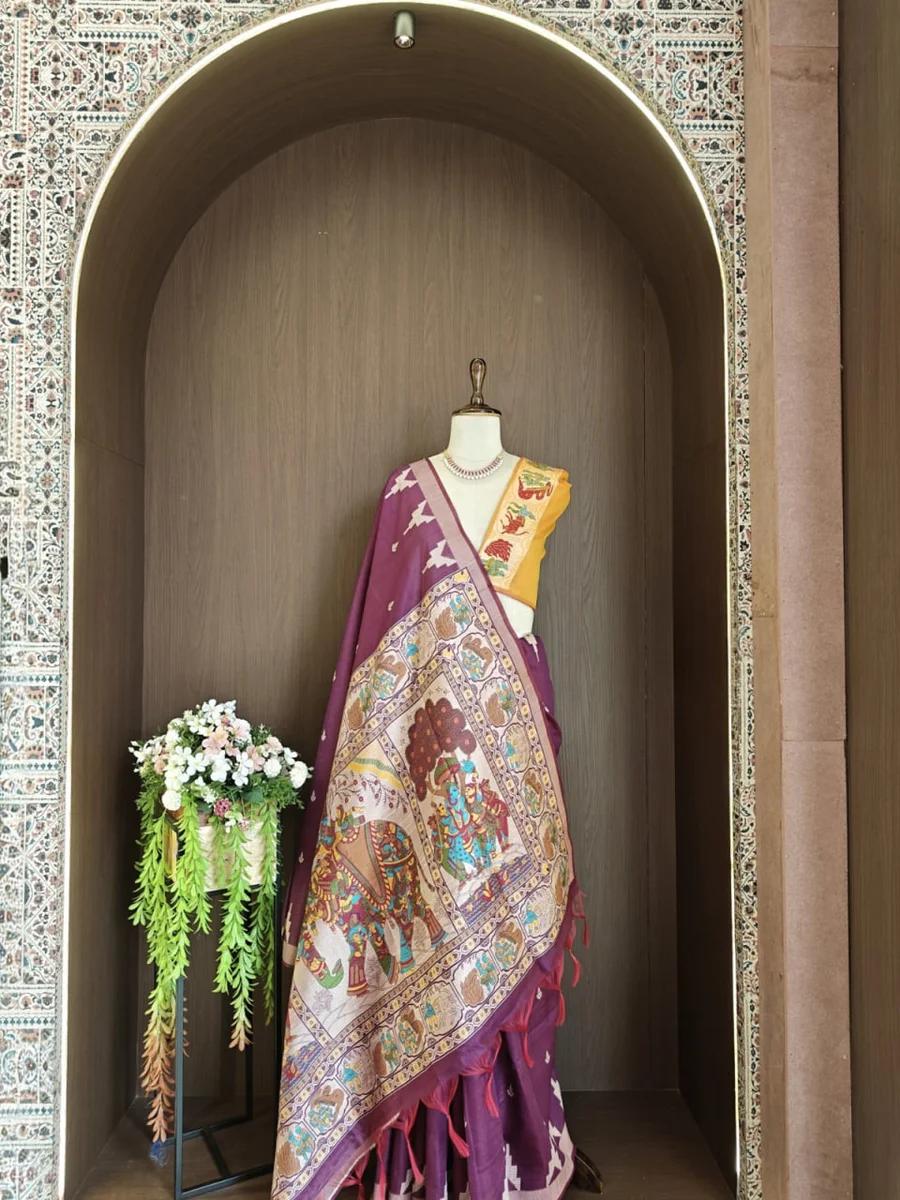 LV202CN151026-6 — HANDLOOM 430 - Raw silk saree with Kalamkari elephant and Kathakali pallu, temple weaving border, all-over butti, contrast blouse, and fancy t