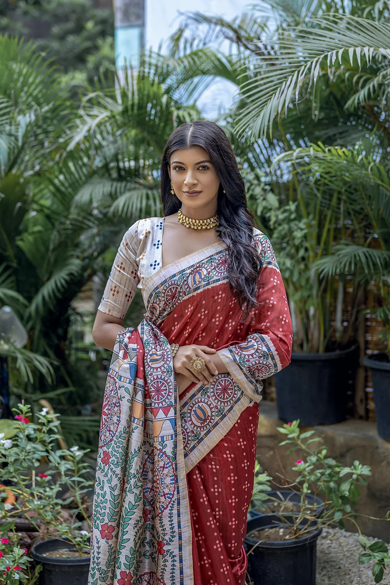 YOGITA MADHUBANI 2 – Soft Tussar Silk with beautiful Madhubani print on pallu & border, classic Bandhani print all over body + contrast blouse piece