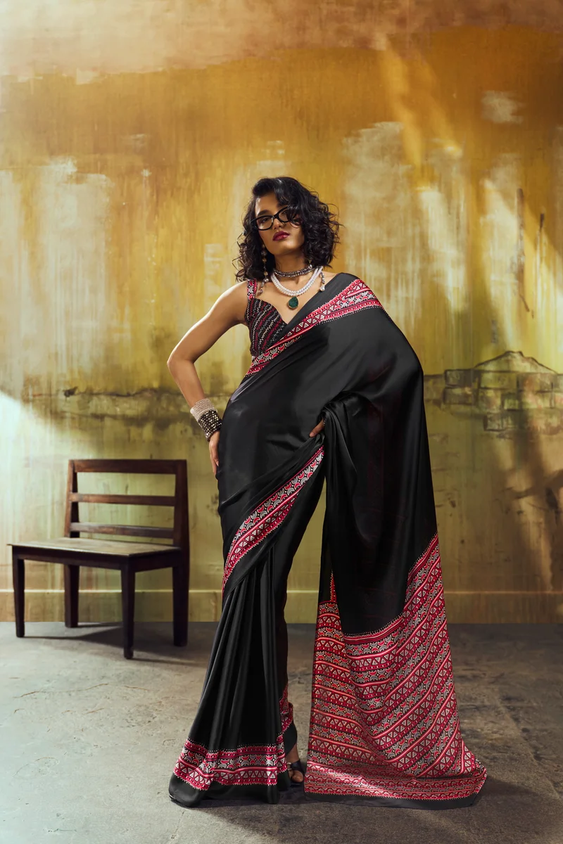 Modal Satin Ajrakh Print Saree + matching Modal Satin Ajrakh Print blouse by www.Laavsee.com